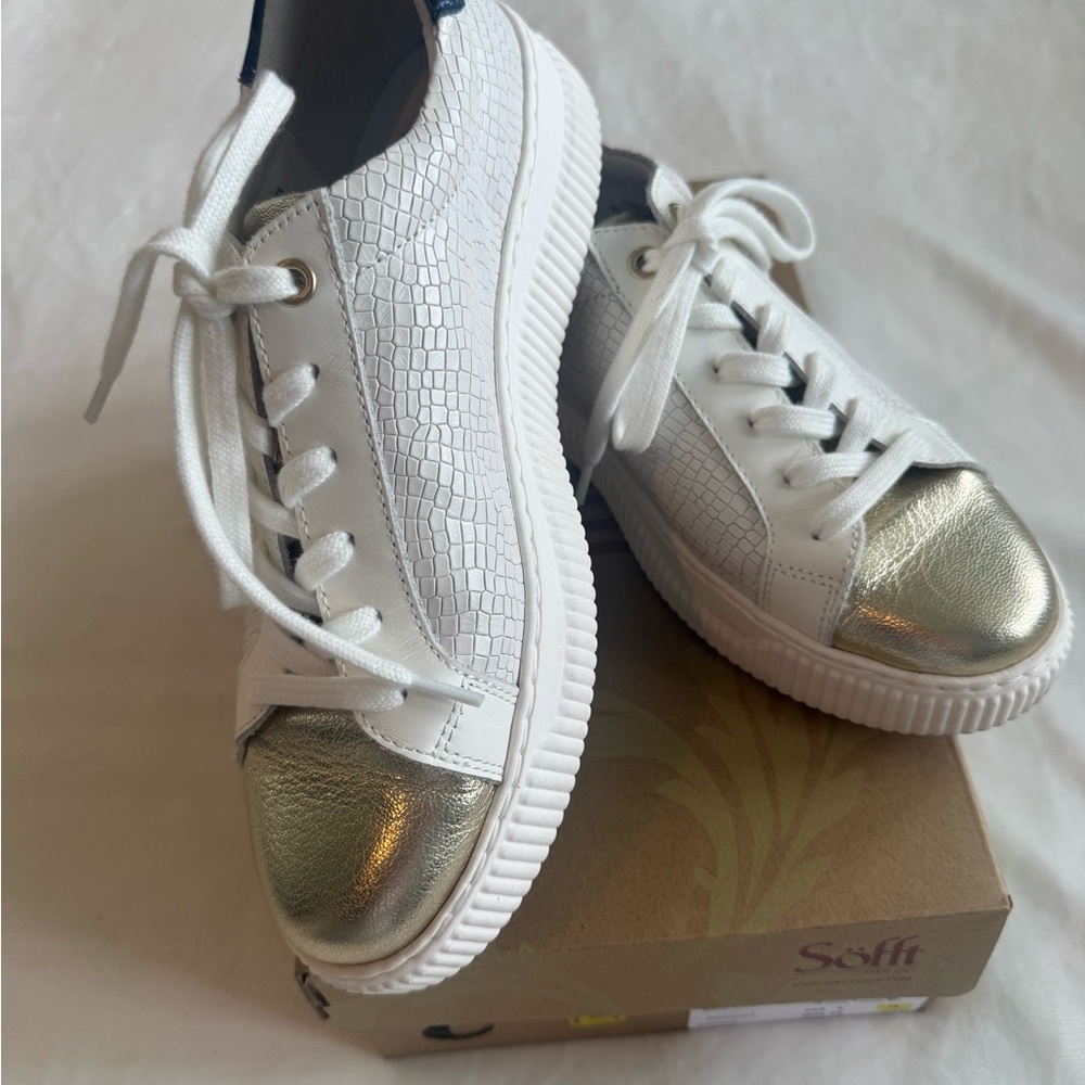 Stylish and Comfort! Sofft White and Gold Sneakers